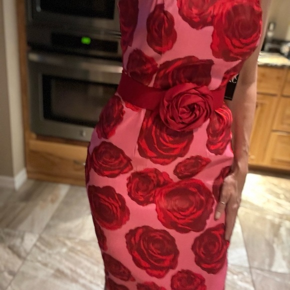 Strapless Red Rose Print Dress with Belt - Picture 3 of 10